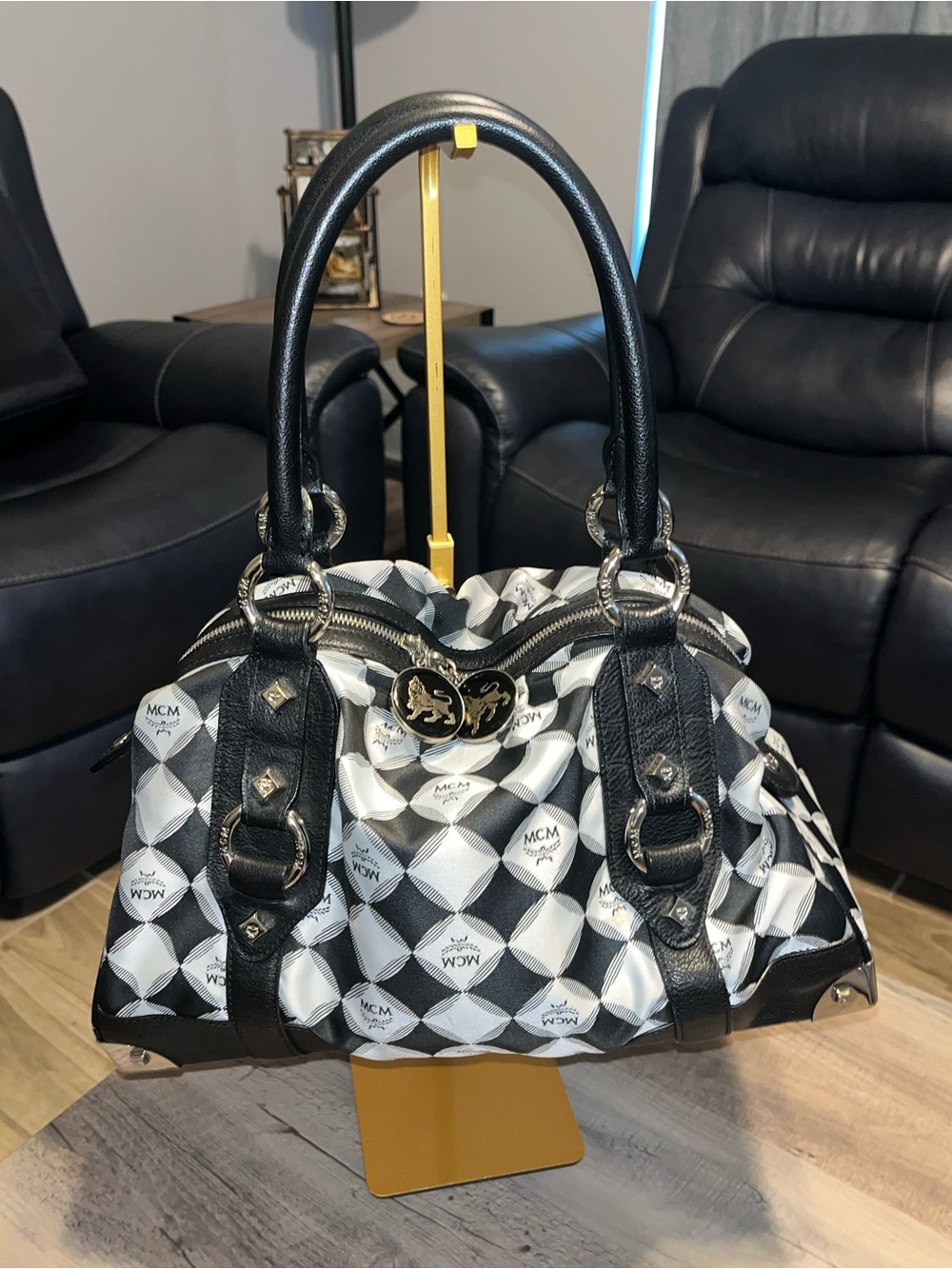 MCM limited edition visetos diamond Black & White Logo Satchel Bag